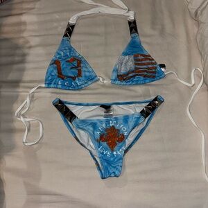 AFFLICTION Blue and White Bikini Set with Orange Accents